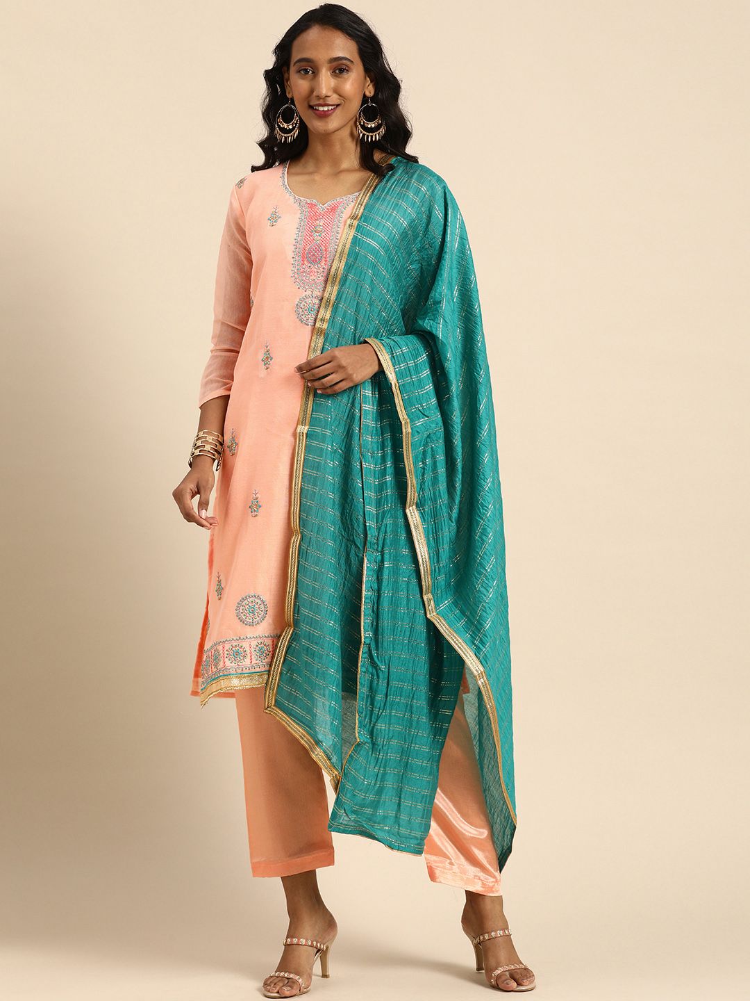 Rajnandini Peach-Coloured & Green Embroidered Unstitched Dress Material Price in India