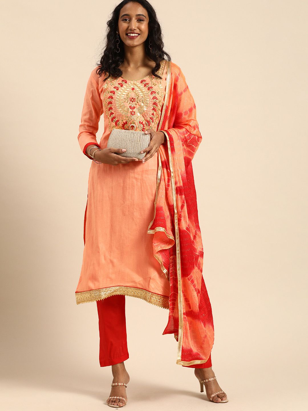 Rajnandini Peach-Coloured & Red Embroidered Glass Cotton Unstitched Dress Material Price in India