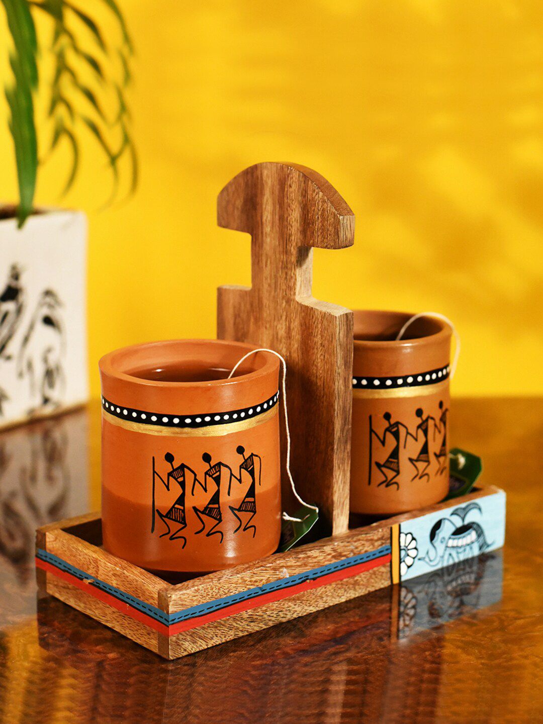 AAKRITI ART CREATIONS Brown 2 Earthen Ceramic Mugs With Cup Holder Price in India