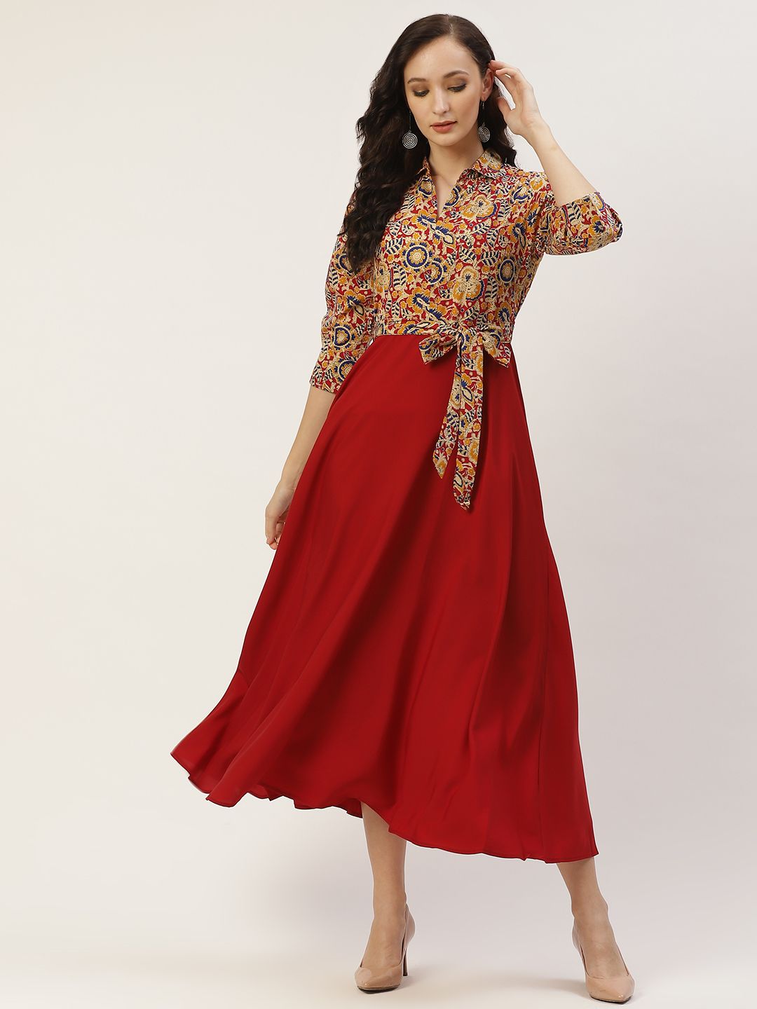 Deewa Maroon Crepe Ethnic Printed Midi Dress