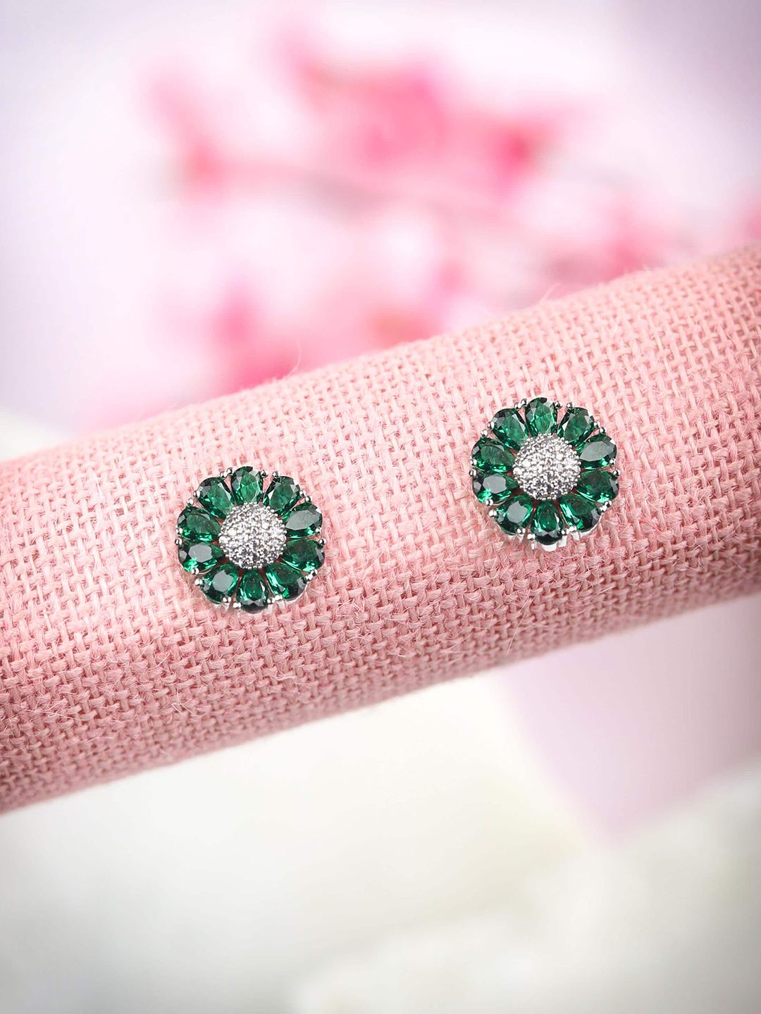 Priyaasi Silver-Toned & Green Contemporary Studs Earrings Price in India