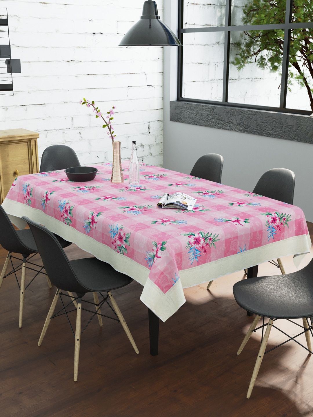 Clasiko Pink & Blue Floral Printed Rectangular 6-Seater Table Cover Price in India