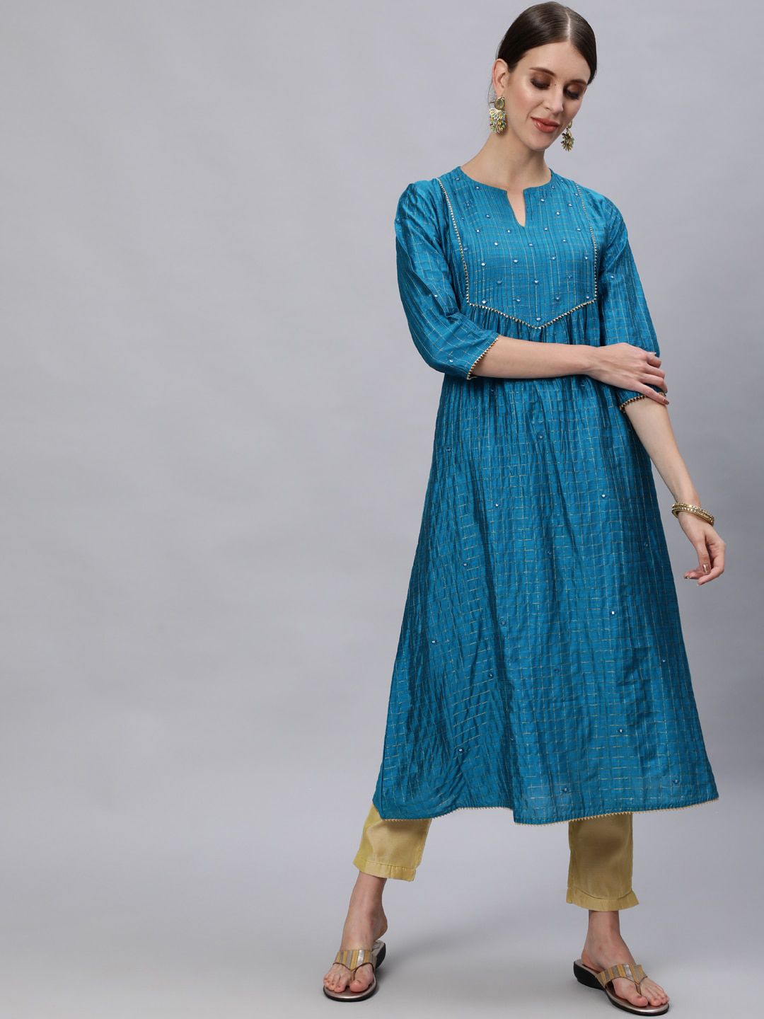 Jaipur Kurti Women Blue & Gold-Toned Mirror Work Chanderi Silk Kurta Price in India