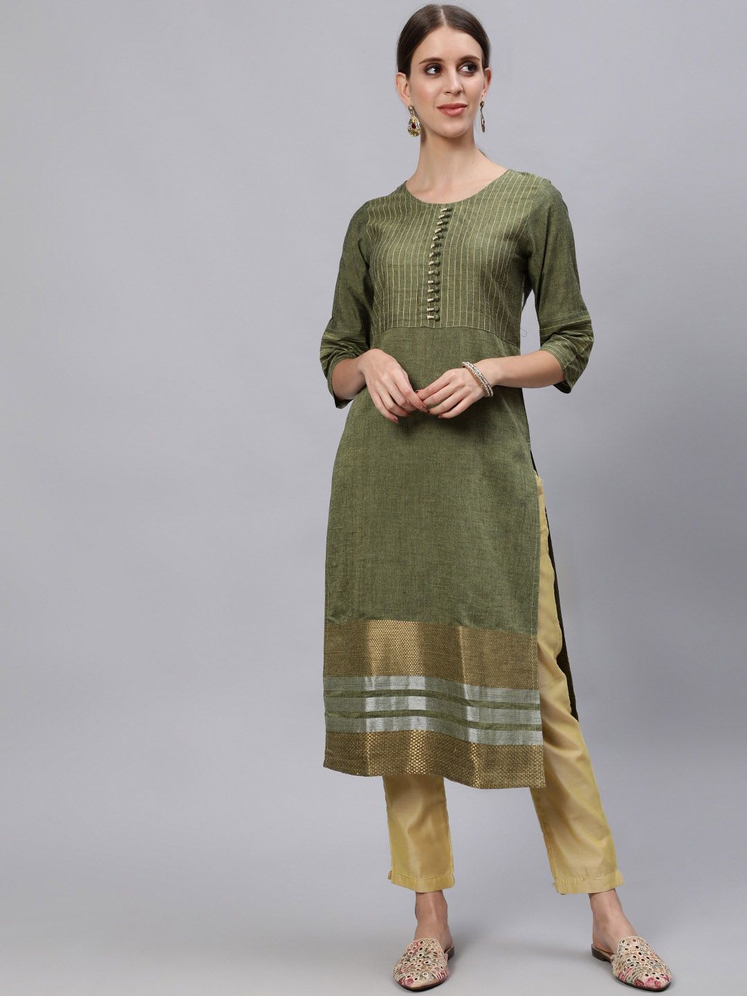 Jaipur Kurti Women Olive Green & Gold-Toned Pure Cotton Kurta Price in India