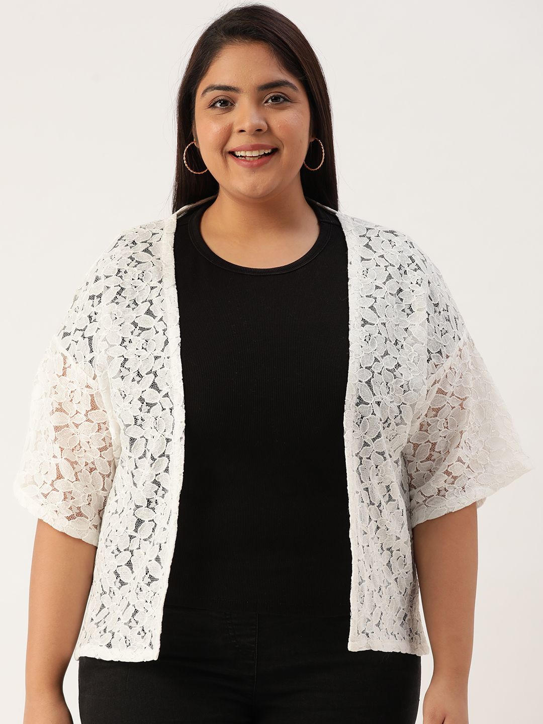 Rute Plus Size Women White Self Design Open Front Shrug Price in India