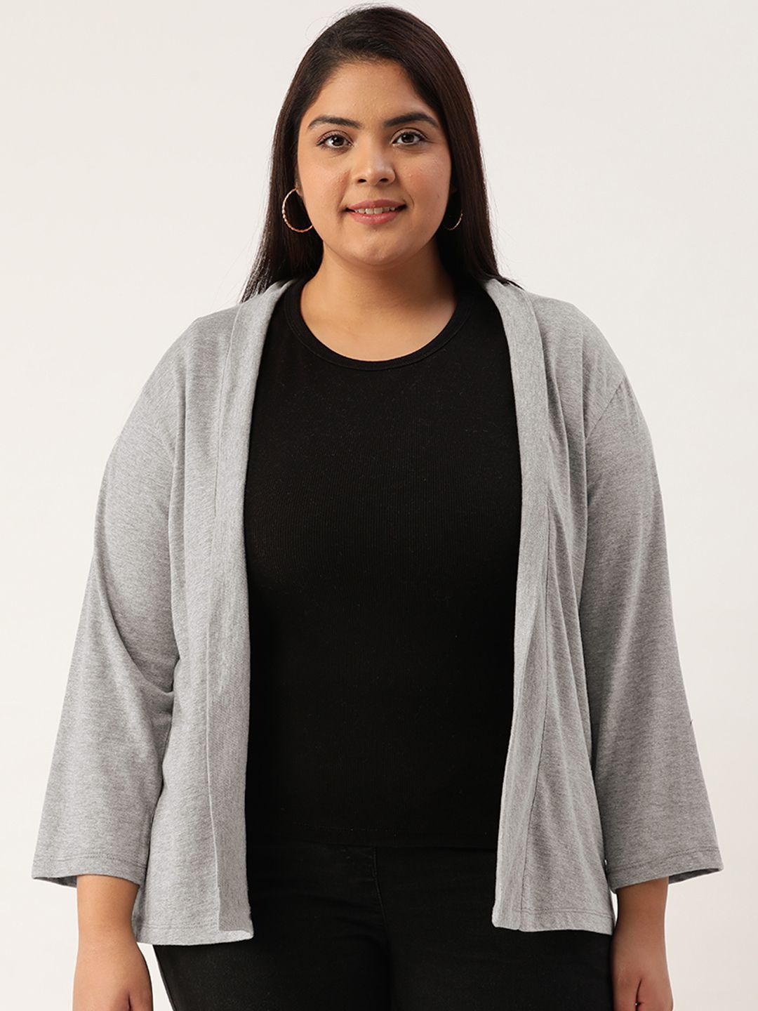 Rute Plus Size Women Grey Melange Open Front Shrug Price in India