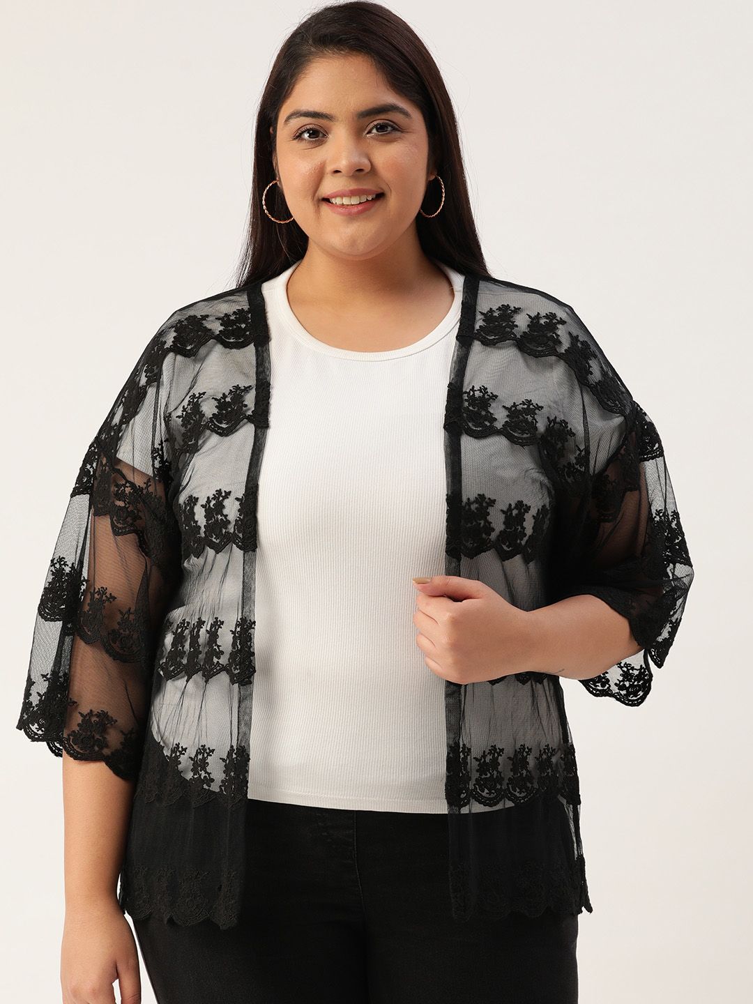 Rute Plus Size Women Black Self Design Open Front Shrug Price in India