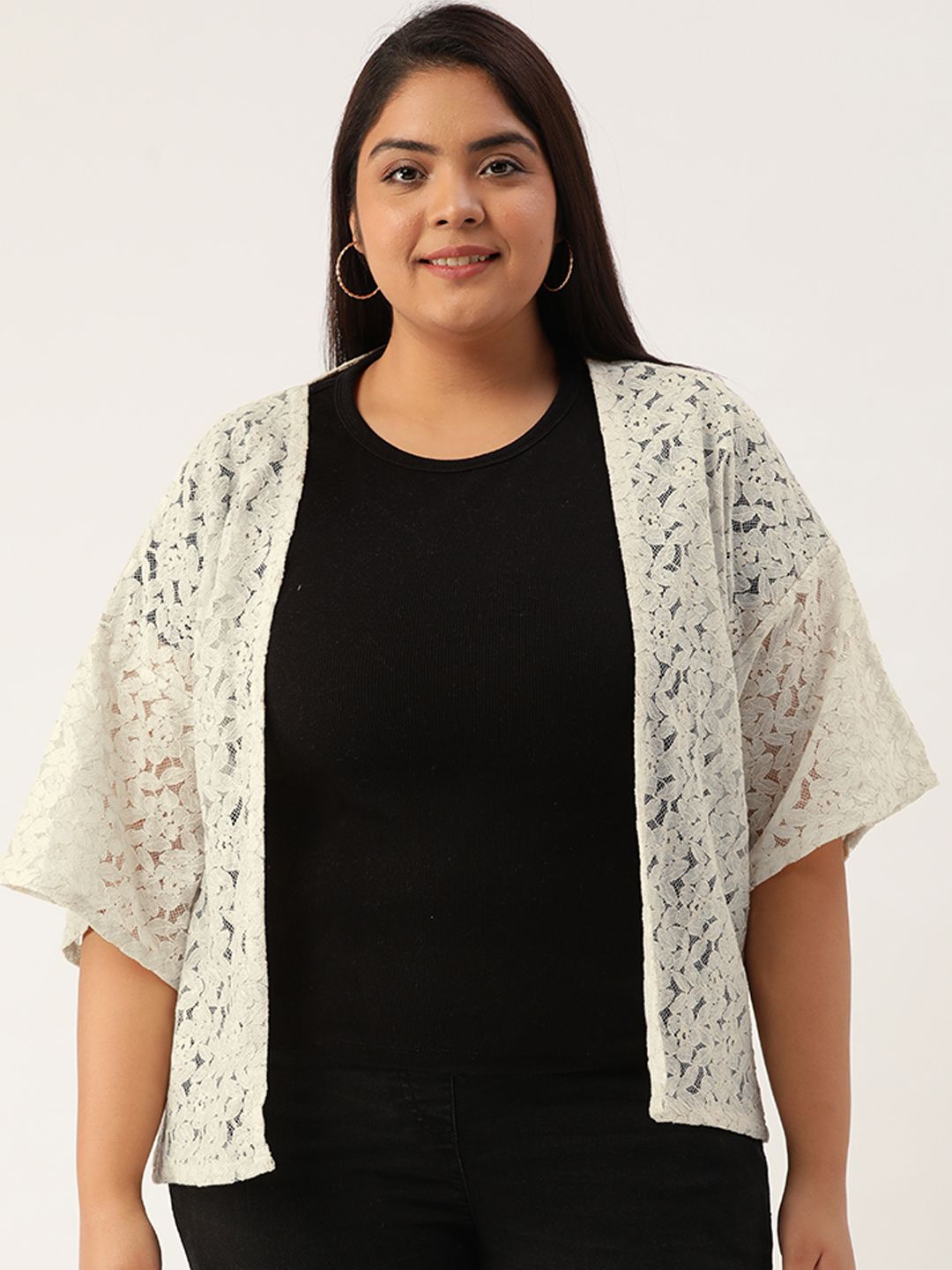 Rute Plus Size Women Beige Self Design Open Front Shrug Price in India