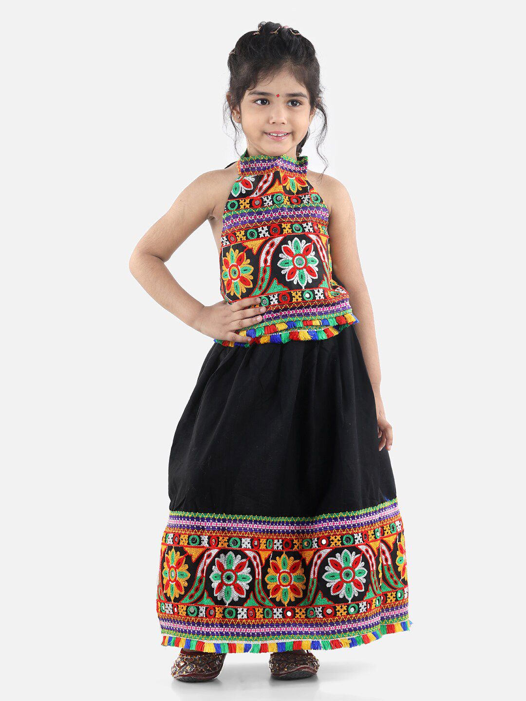 BownBee Girls Black & White Embellished Mirror Work Cotton Ready to Wear Lehenga