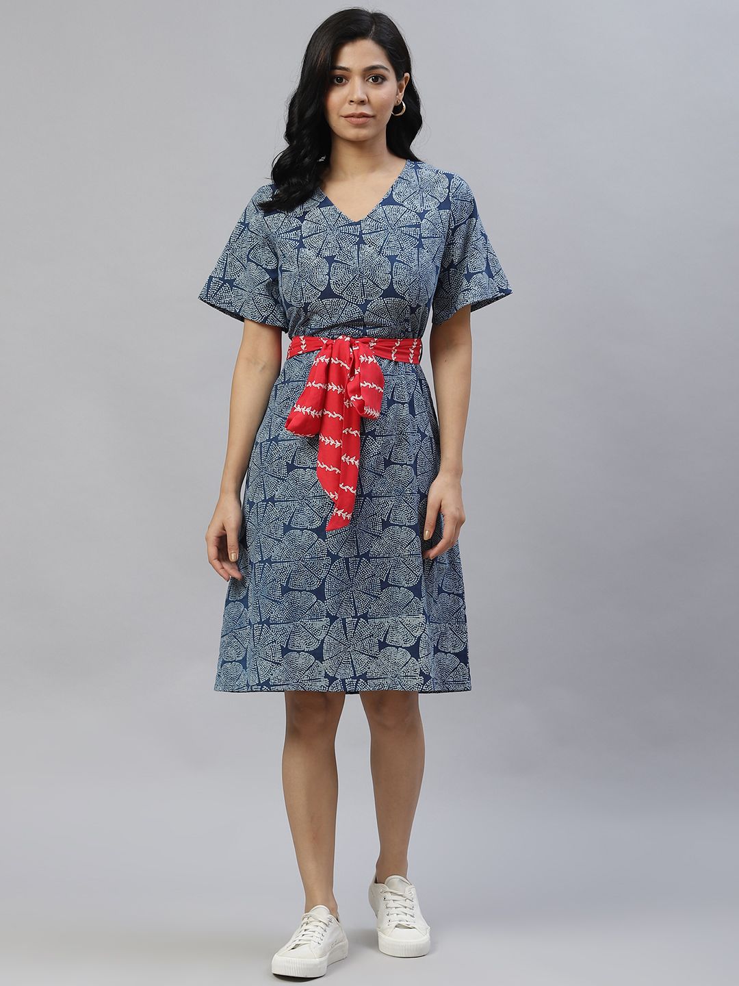 Laado - Pamper Yourself Blue Sustainable  A-Line Dress with Belt Price in India