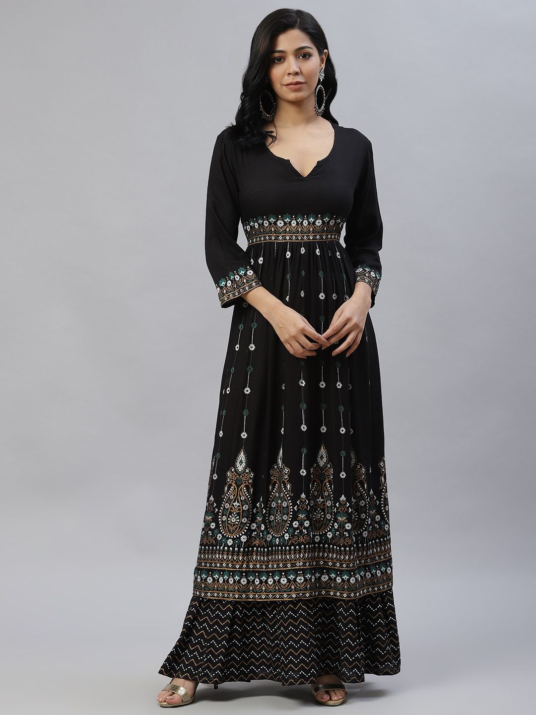 Laado - Pamper Yourself Black & Off White Ethnic Motifs Ethnic Empire Maxi Dress Price in India