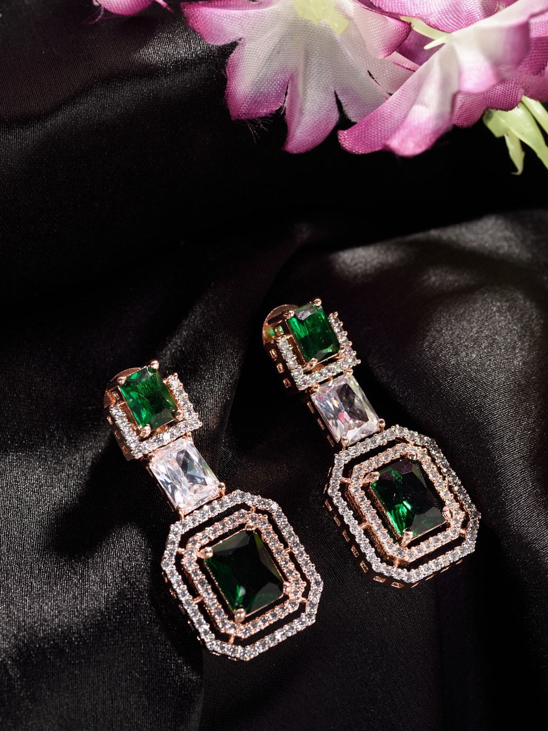 Saraf RS Jewellery Green & White Geometric Drop Earrings Price in India