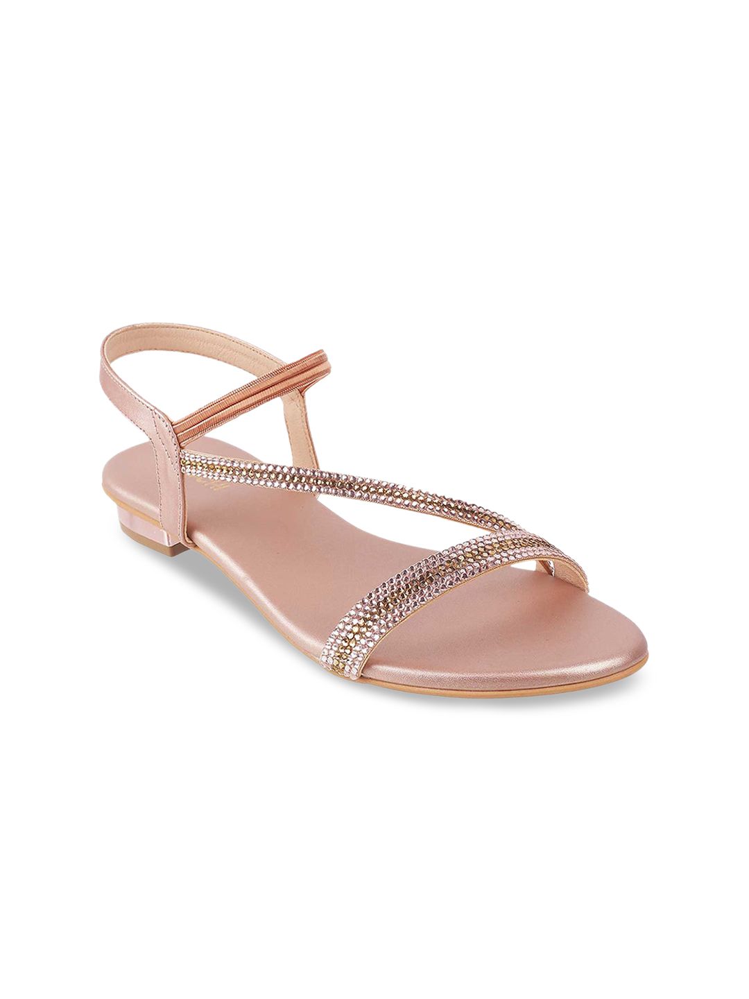 Mochi Women Rose Gold Embellished Open Toe Flats Price in India
