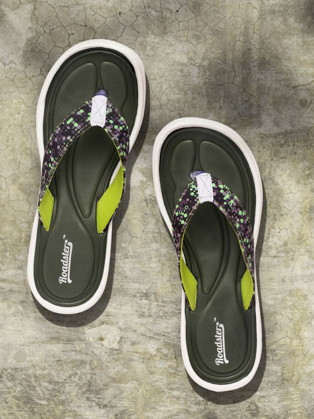 The Roadster Lifestyle Co Women Olive Green & Purple Printed Thong Flip-Flops Price in India