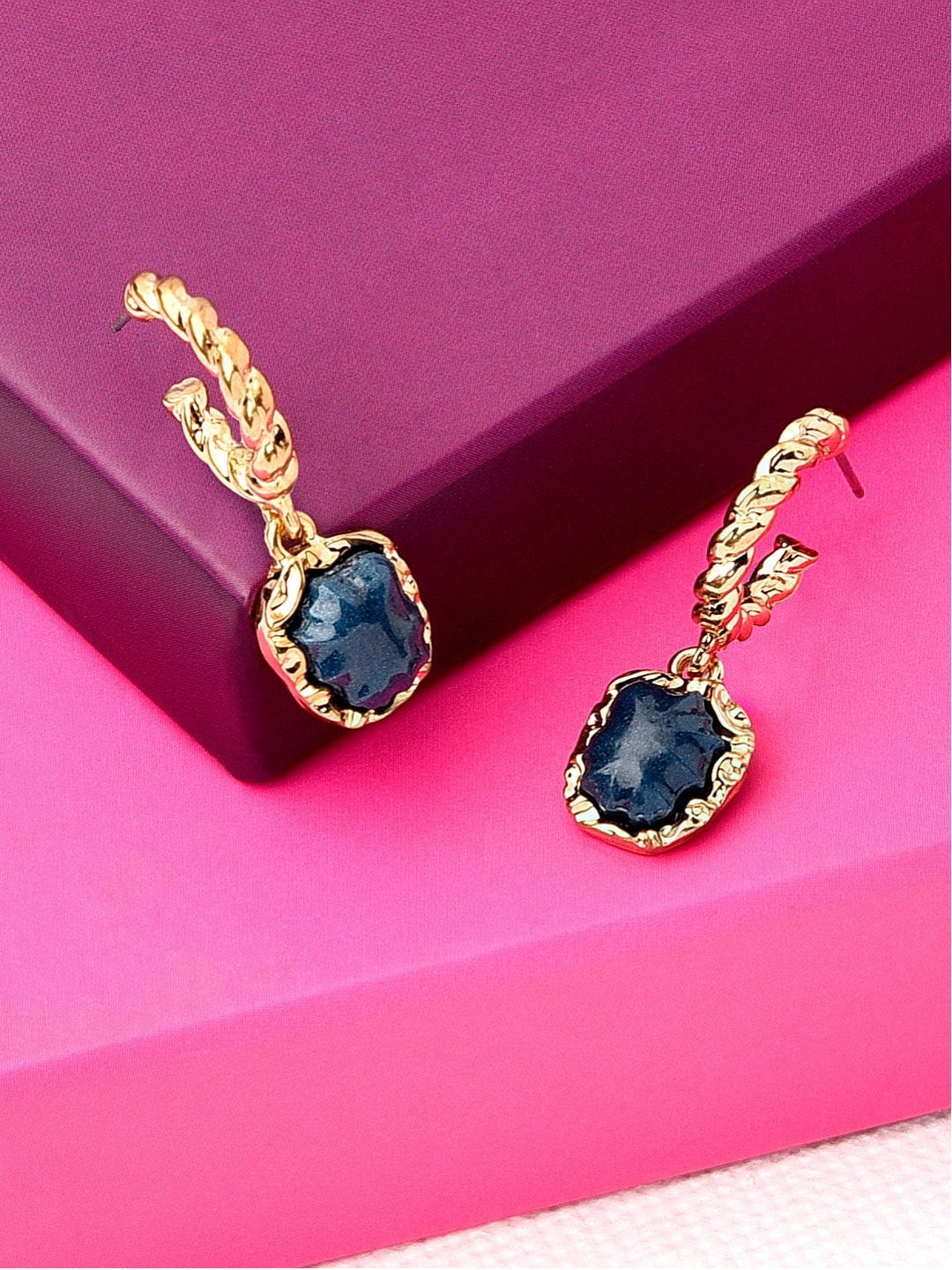 Accessorize Navy Blue & Gold-Toned Geometric Drop Earrings Price in India