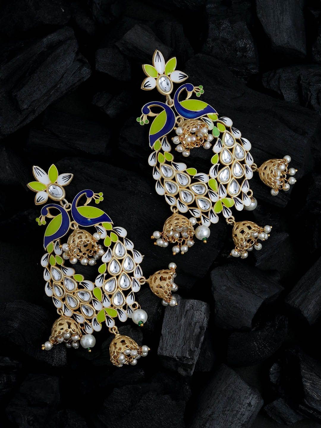 Shoshaa White & Green Handcrafted Peacock Shaped Kundan Drop Earrings Price in India