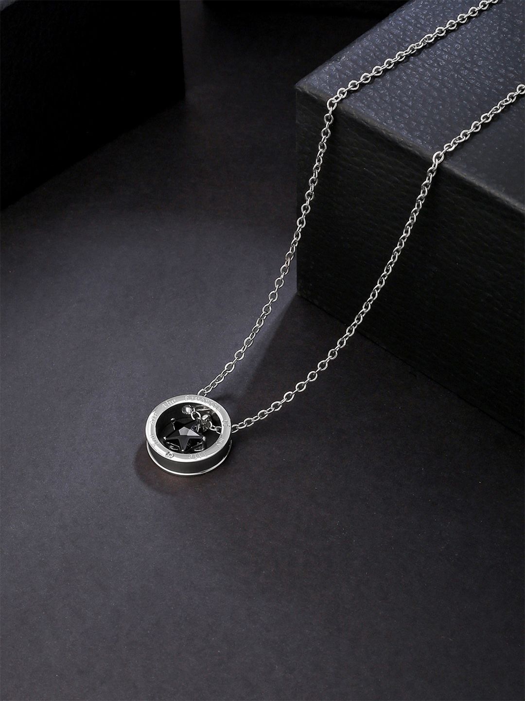 Yellow Chimes Silver-Toned Black CZ Stone Studded Pendant With Chain
