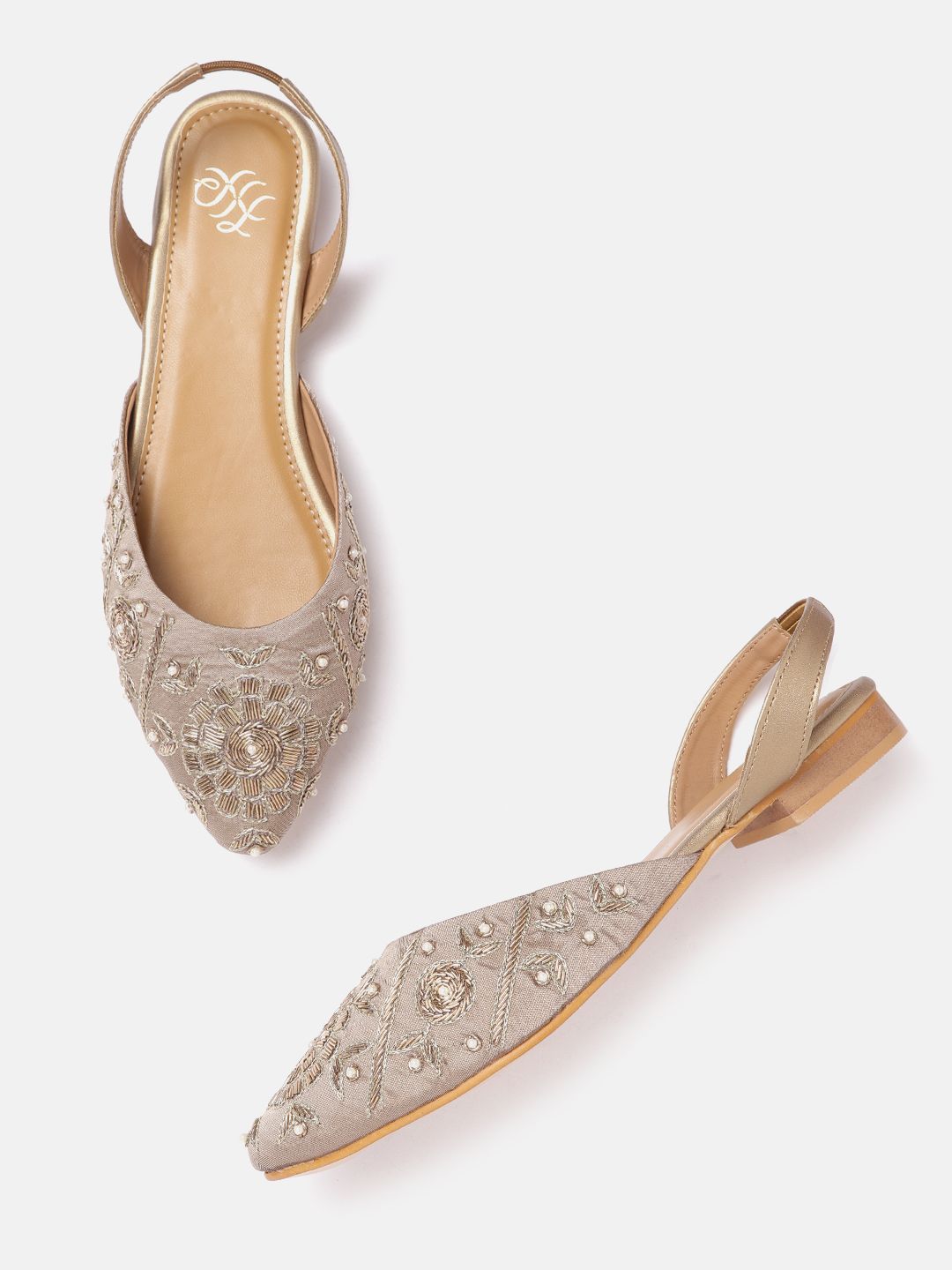 House of Pataudi Women Grey & Gold-Toned Beads Embellished Handcrafted Pointed Toe Flats Price in India