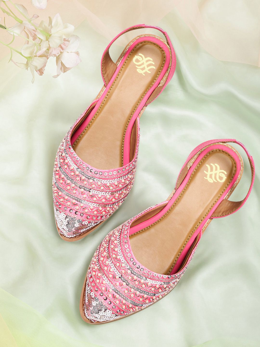 House of Pataudi Women Pink & Silver-Toned Embellished Handcrafted Closed Toe Flats Price in India