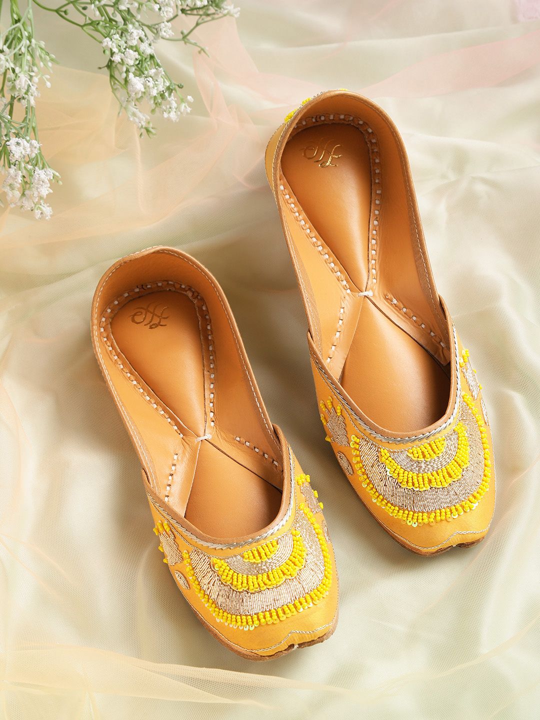 House of Pataudi Mustard Yellow & Gold-Toned Ethnic Embellish Handcrafted Leather Mojaris Price in India
