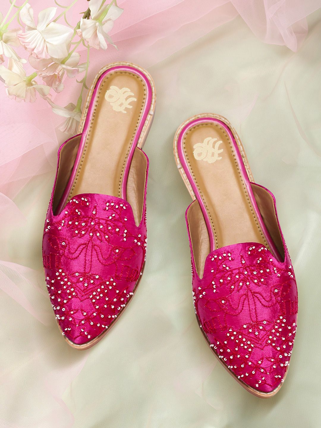 House of Pataudi Women Pink & White Embroidered Handcrafted Mules Price in India