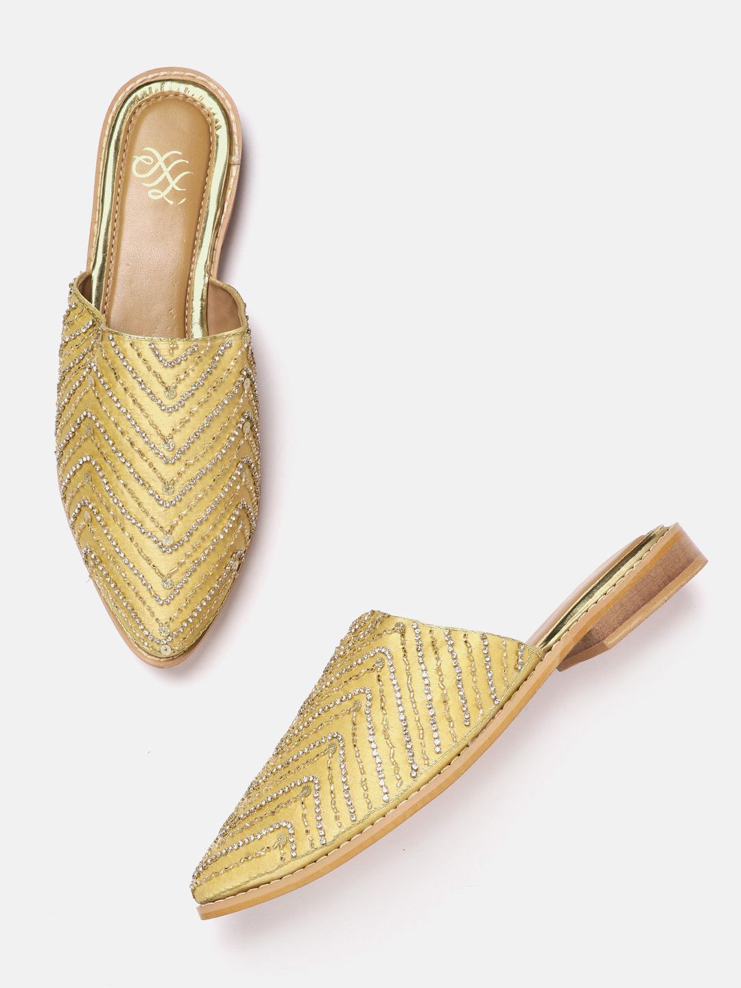 House of Pataudi Women Beige & Gold-Toned Embellished Handcrafted Mules Price in India