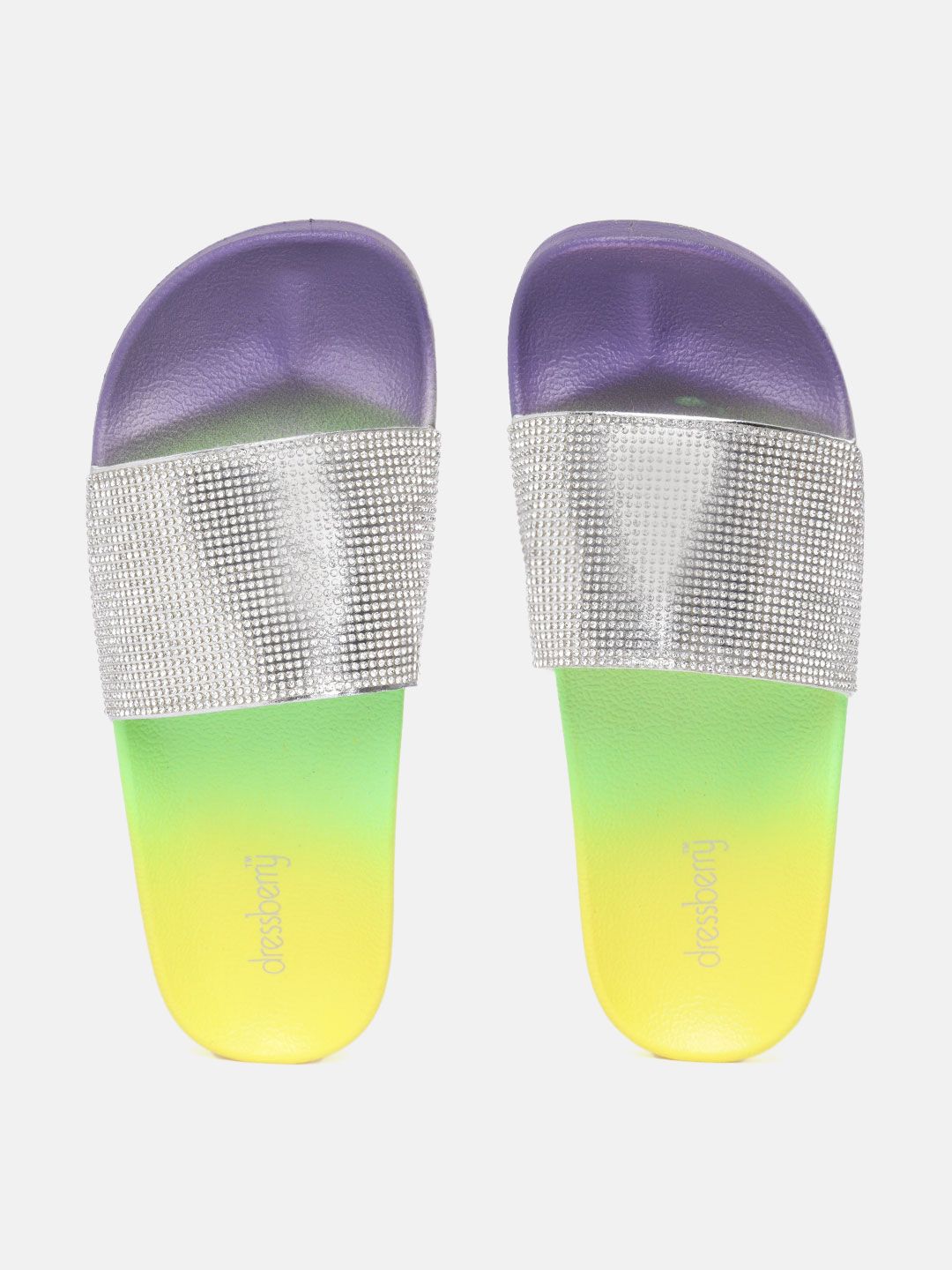 DressBerry Women Silver-Toned & Yellow Embellished Sliders Price in India