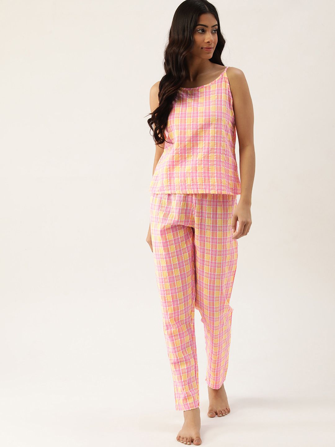 ETC Women Pink & Yellow Checked Pure Cotton Night suit Price in India