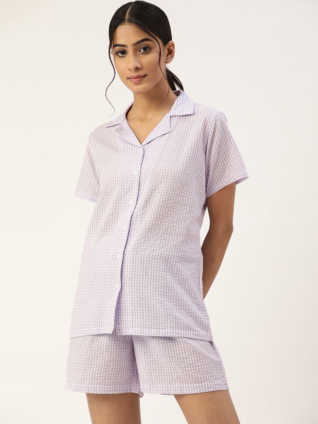 ETC Women Lavender & White Pure Cotton Striped Night suit Price in India