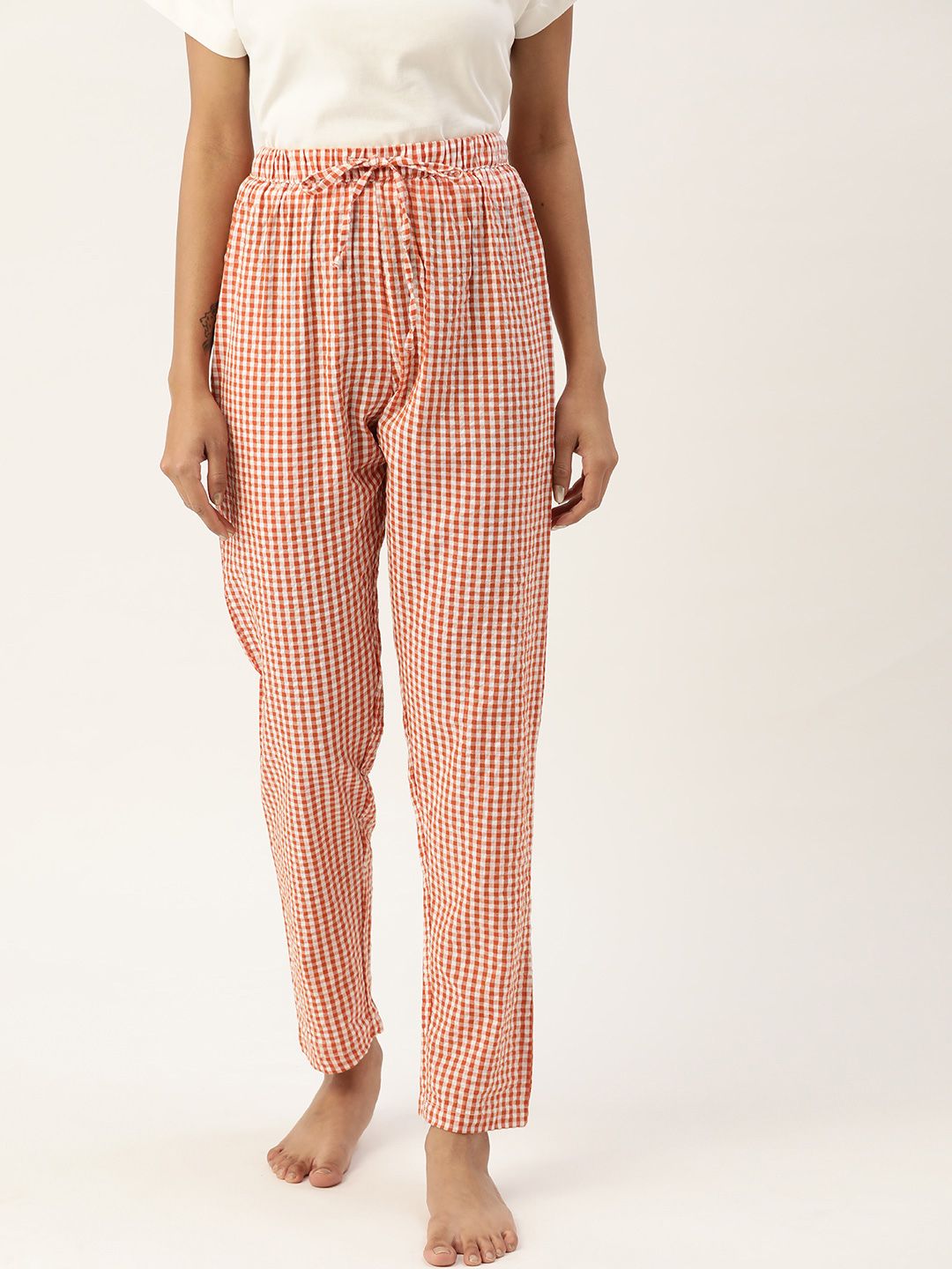 ETC Women Orange & White Pure Cotton Checked Lounge Pant Price in India