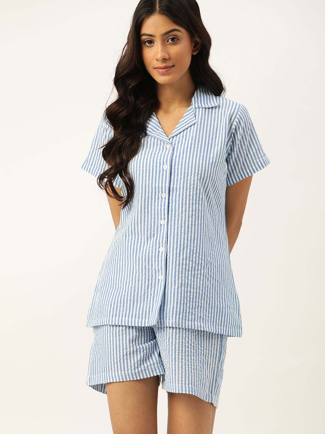 ETC Women Blue & White Pure Cotton Striped Short-Set Price in India