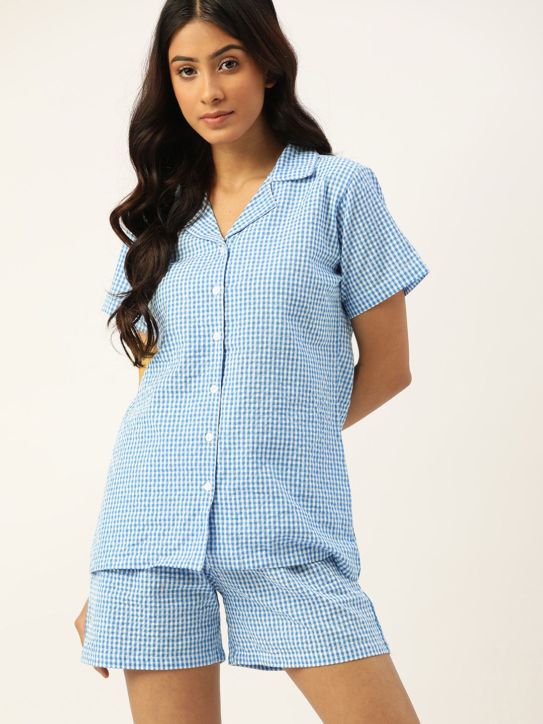 ETC Women Blue & White Pure Cotton Checked Short-Set Price in India