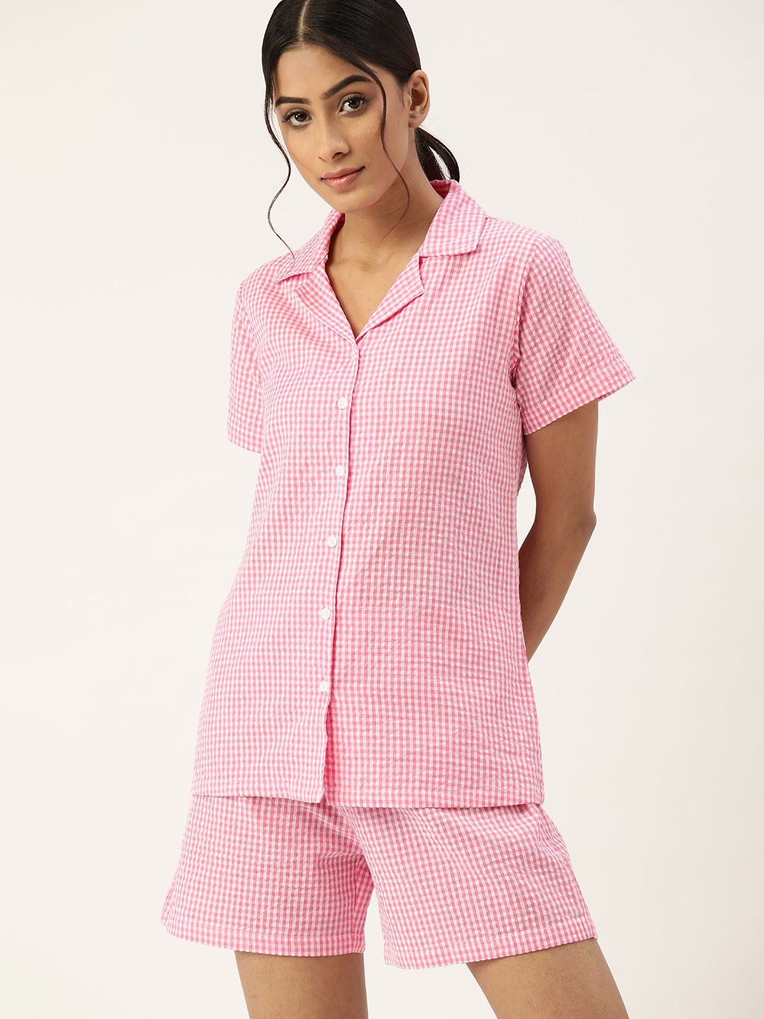 ETC Women Pink & White Pure Cotton Striped Night suit Price in India