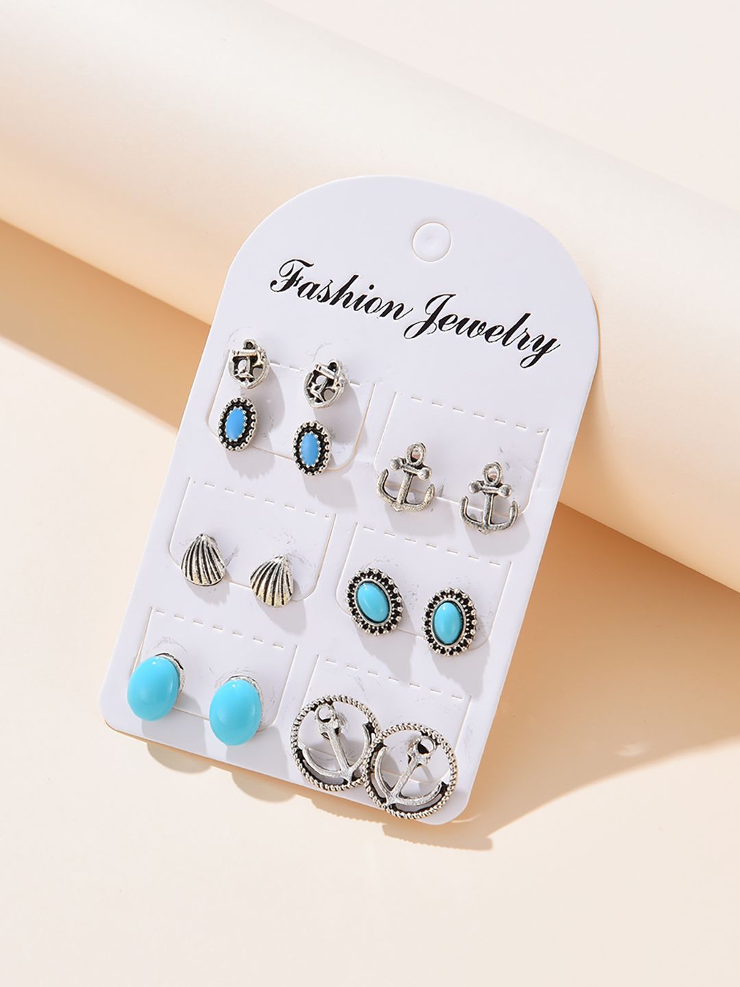 URBANIC Set of 7 Turquoise Blue & Silver-Toned Oxidised Studs Price in India