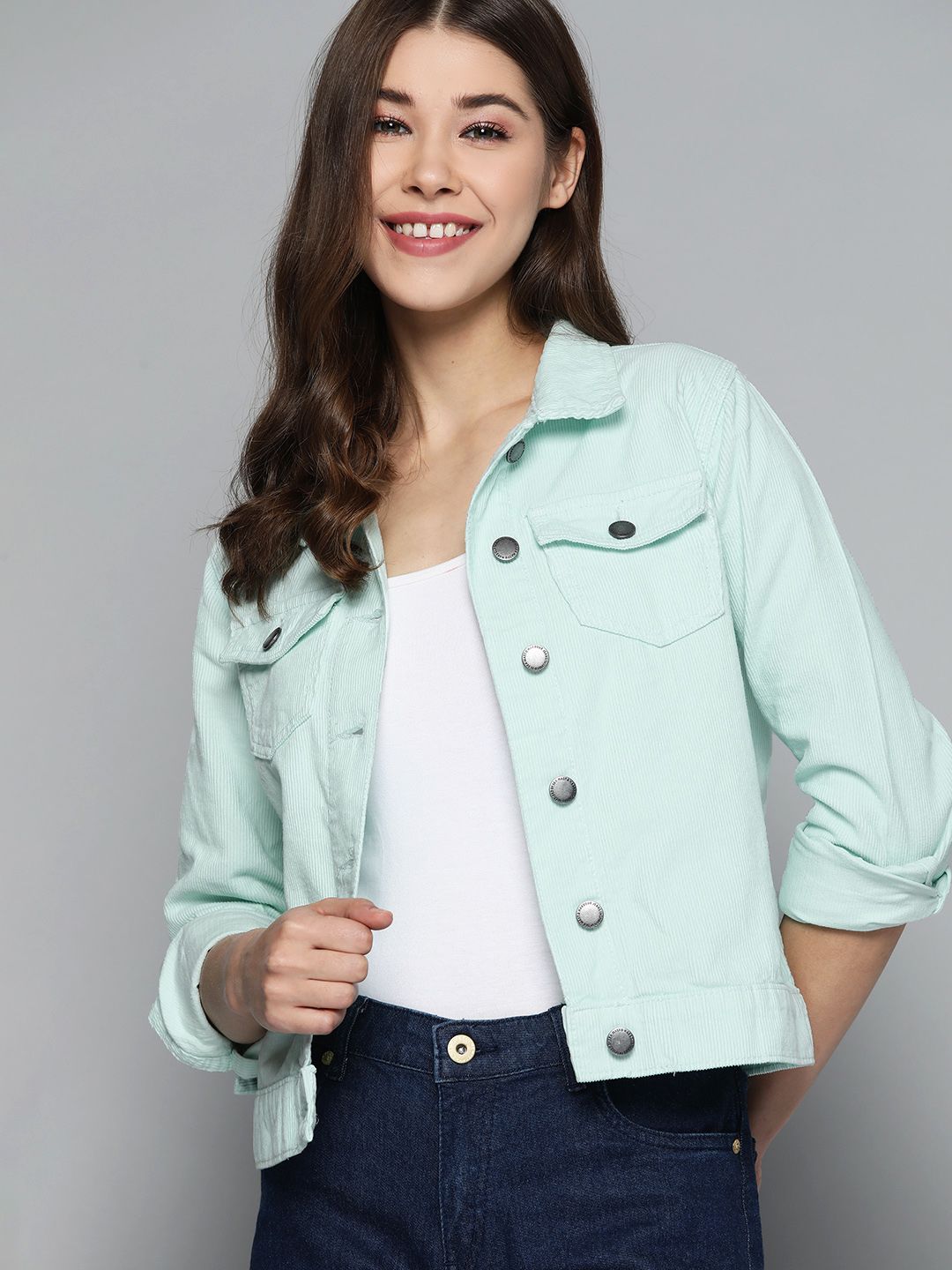 Mast & Harbour Women Mint Green Solid Corduroy Jacket Price in India