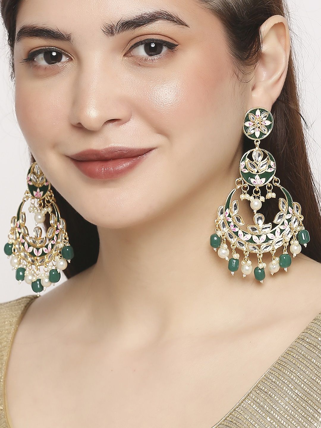 OOMPH Green Floral Chandbalis Earrings Price in India