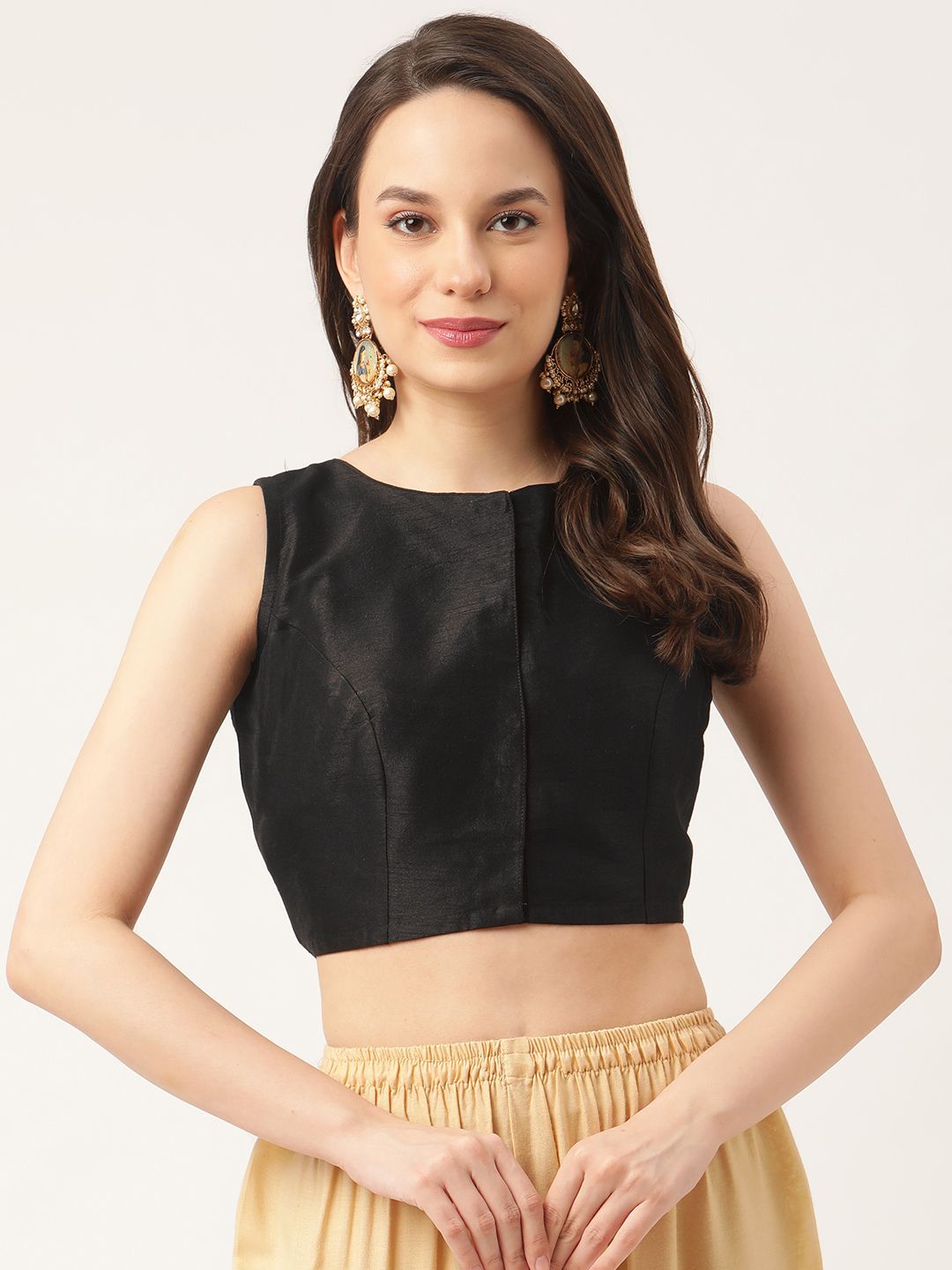 Studio Shringaar Women Black & Gold-Toned Round Neck Embroidered Blouse Price in India