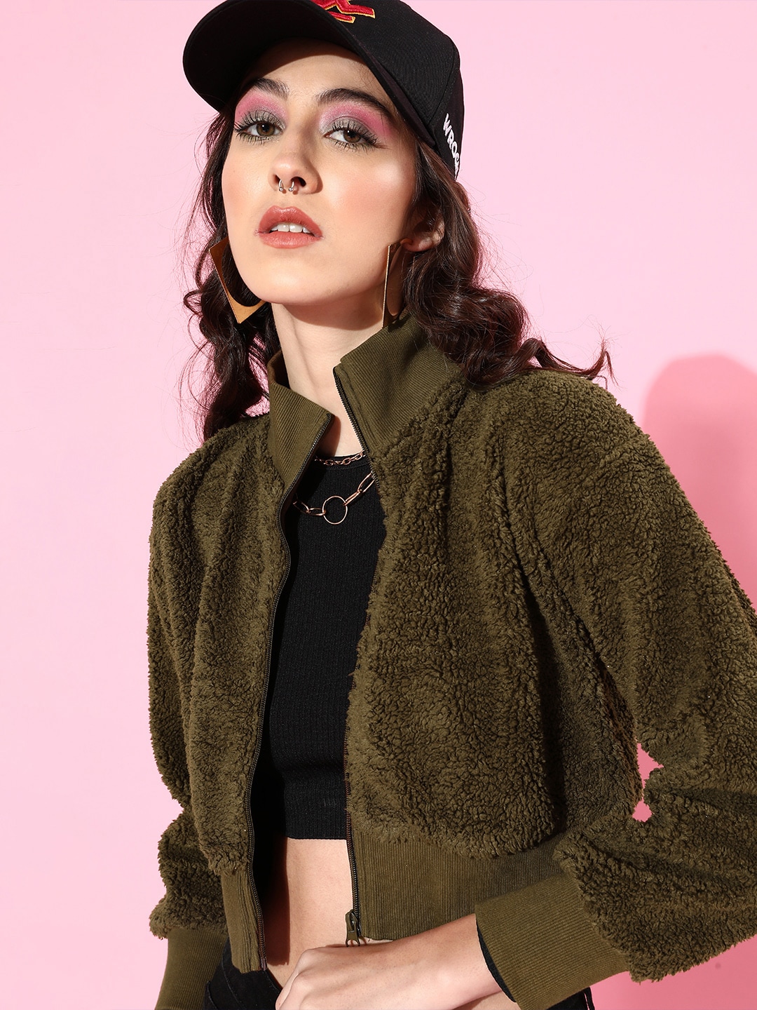 SASSAFRAS Women Olive Solid Faux Fur Jacket Price in India