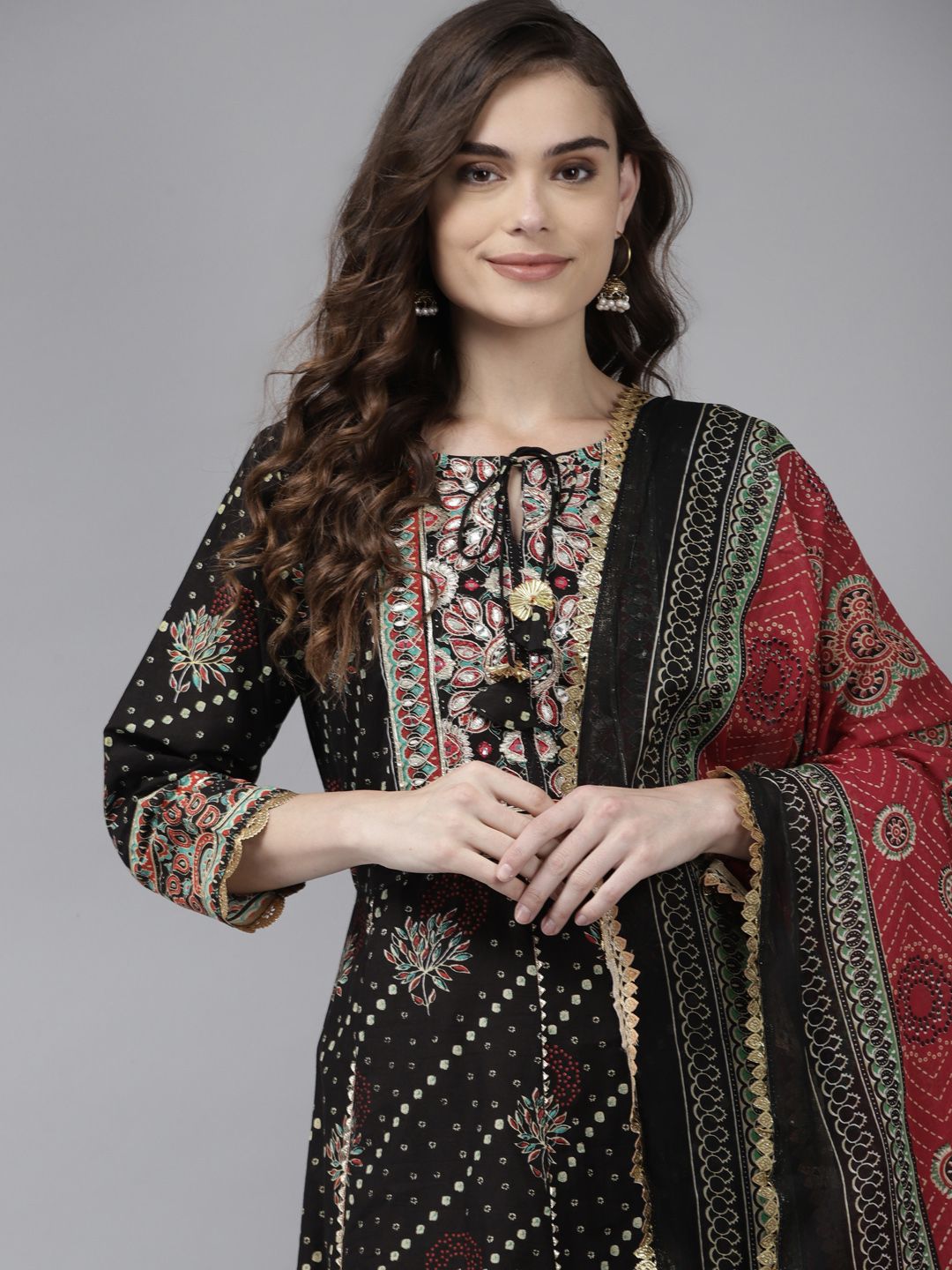 Indo Era Women Black Embroidered Regular Gotta Patti Kurta with Trousers & Dupatta Price in India