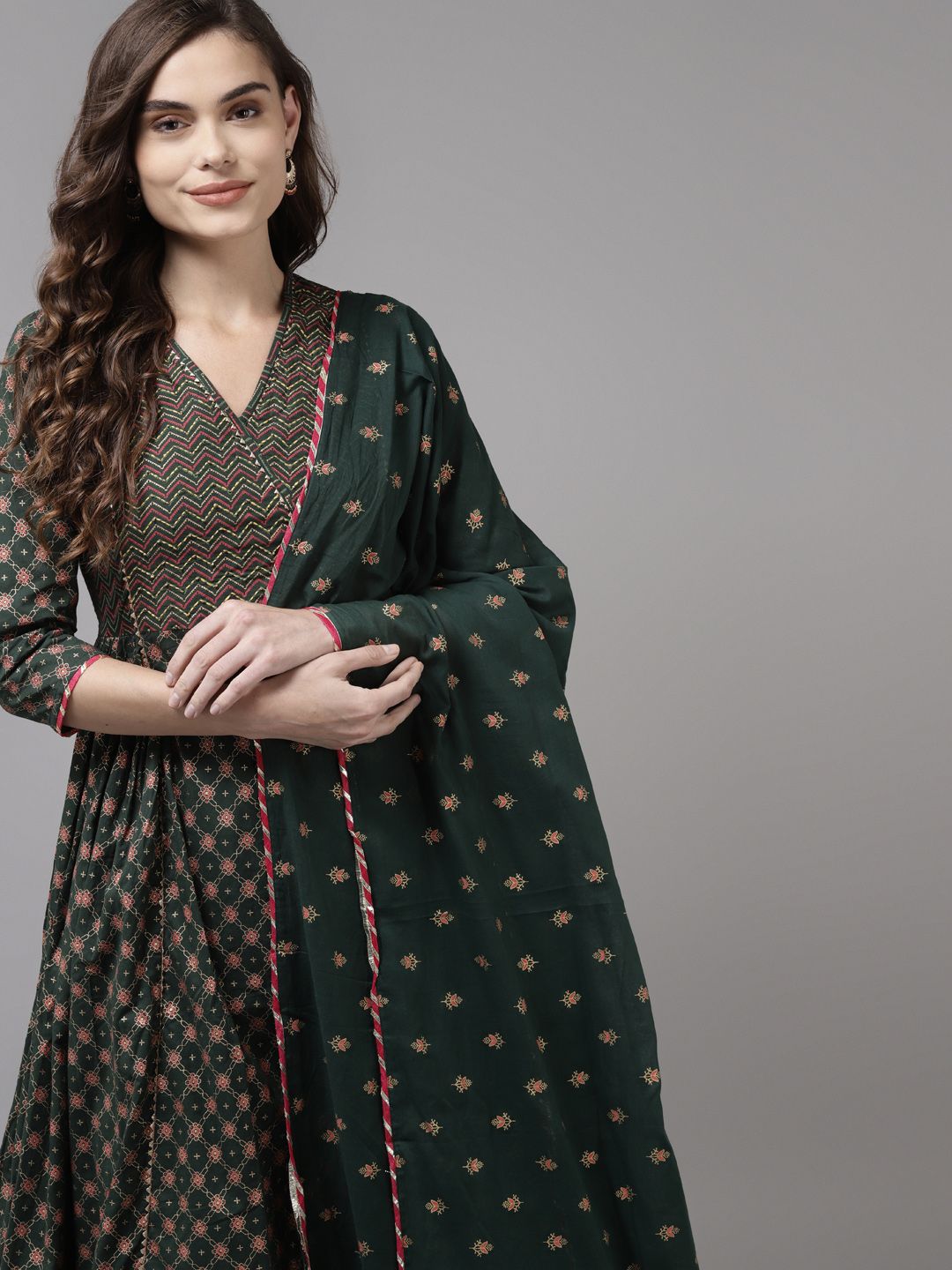 Indo Era Women Green Ethnic Motifs Printed Panelled Gotta Patti Kurta with Palazzos & With Dupatta Price in India