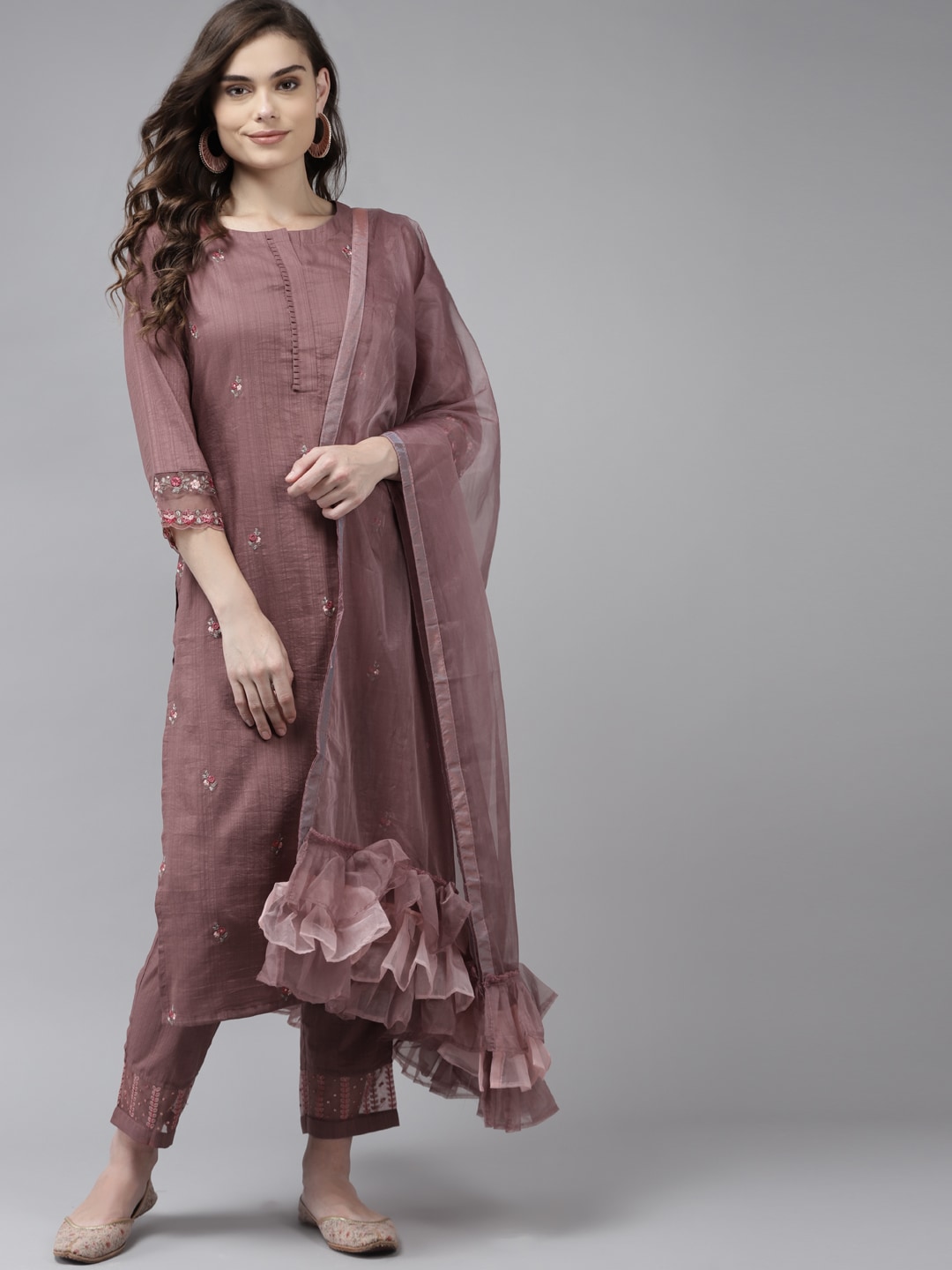 Indo Era Women Purple Floral Embroidered Regular Kurta with Trousers & With Dupatta Price in India