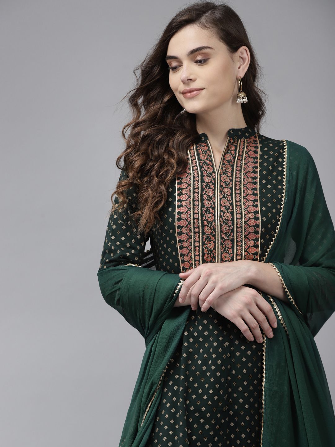 Indo Era Women Green Ethnic Motifs Yoke Design Kurta with Palazzos & With Dupatta Price in India