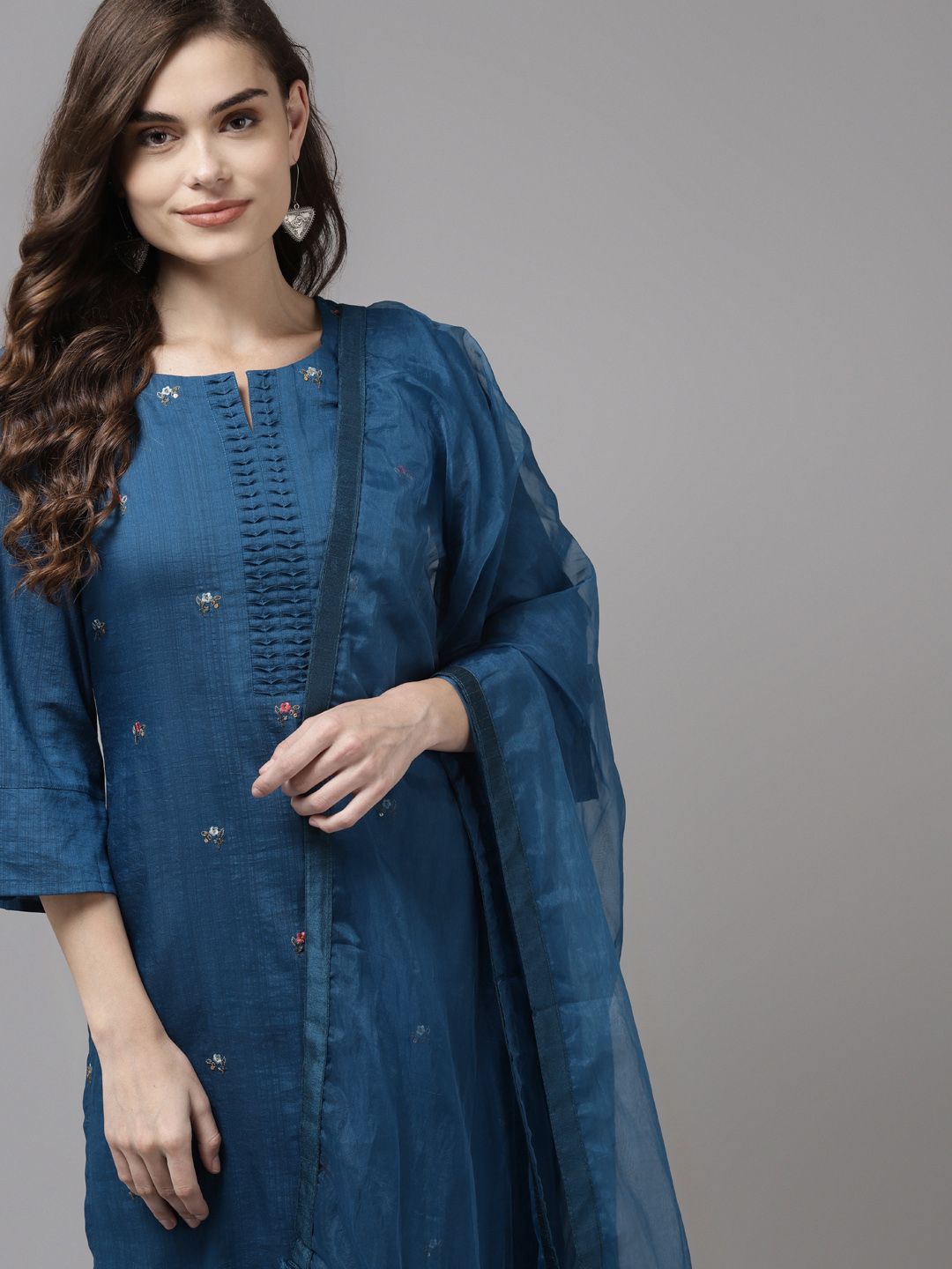 Indo Era Women Blue Floral Embroidered Regular Sequinned Kurta with Trousers & With Dupatta Price in India