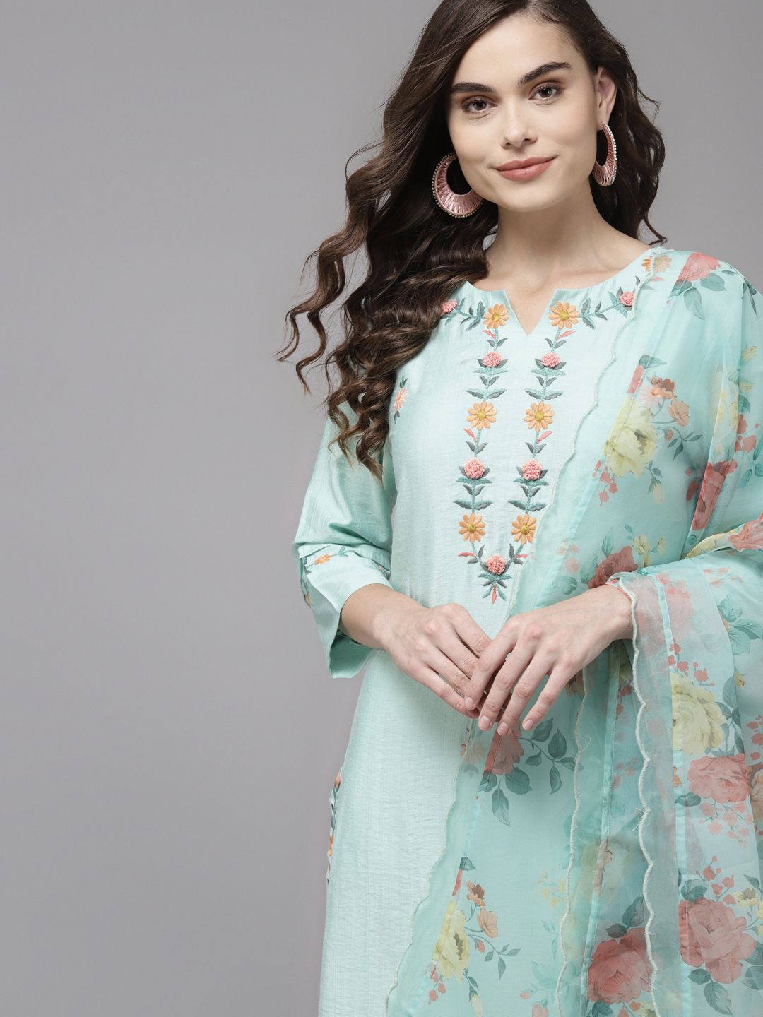 Indo Era Women Sea Green Floral Embroidered Regular Kurta with Trousers & With Dupatta Price in India