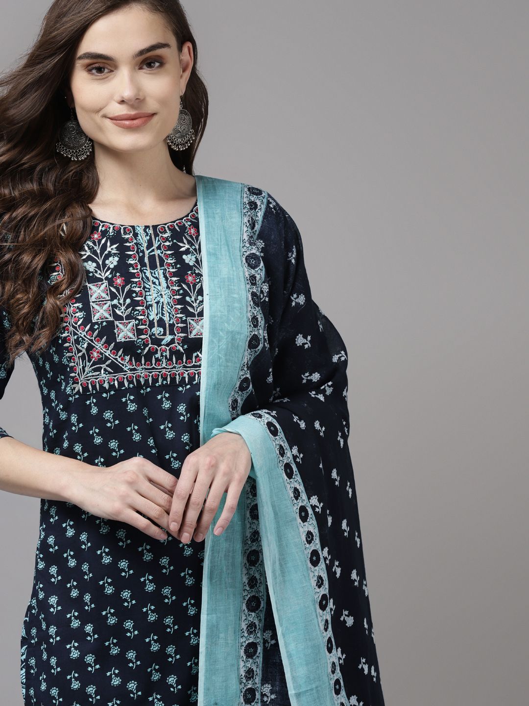 Indo Era Women Navy Blue Ethnic Motifs Embroidered Regular Kurta with Trousers & With Dupatta Price in India