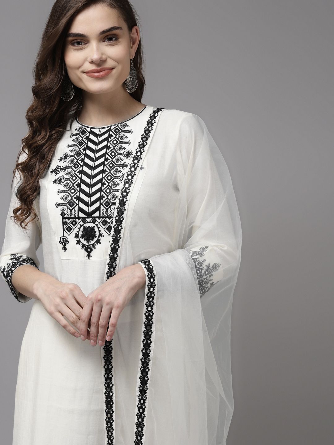 Indo Era Women White Floral Yoke Design Regular Mirror Work Kurta with Palazzos & With Dupatta Price in India