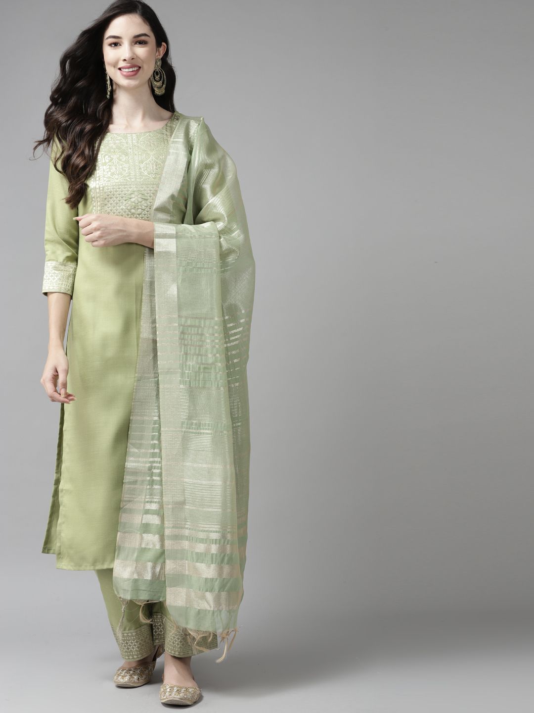 Indo Era Women Green Yoke Design Regular Kurta with Palazzos & Dupatta Price in India