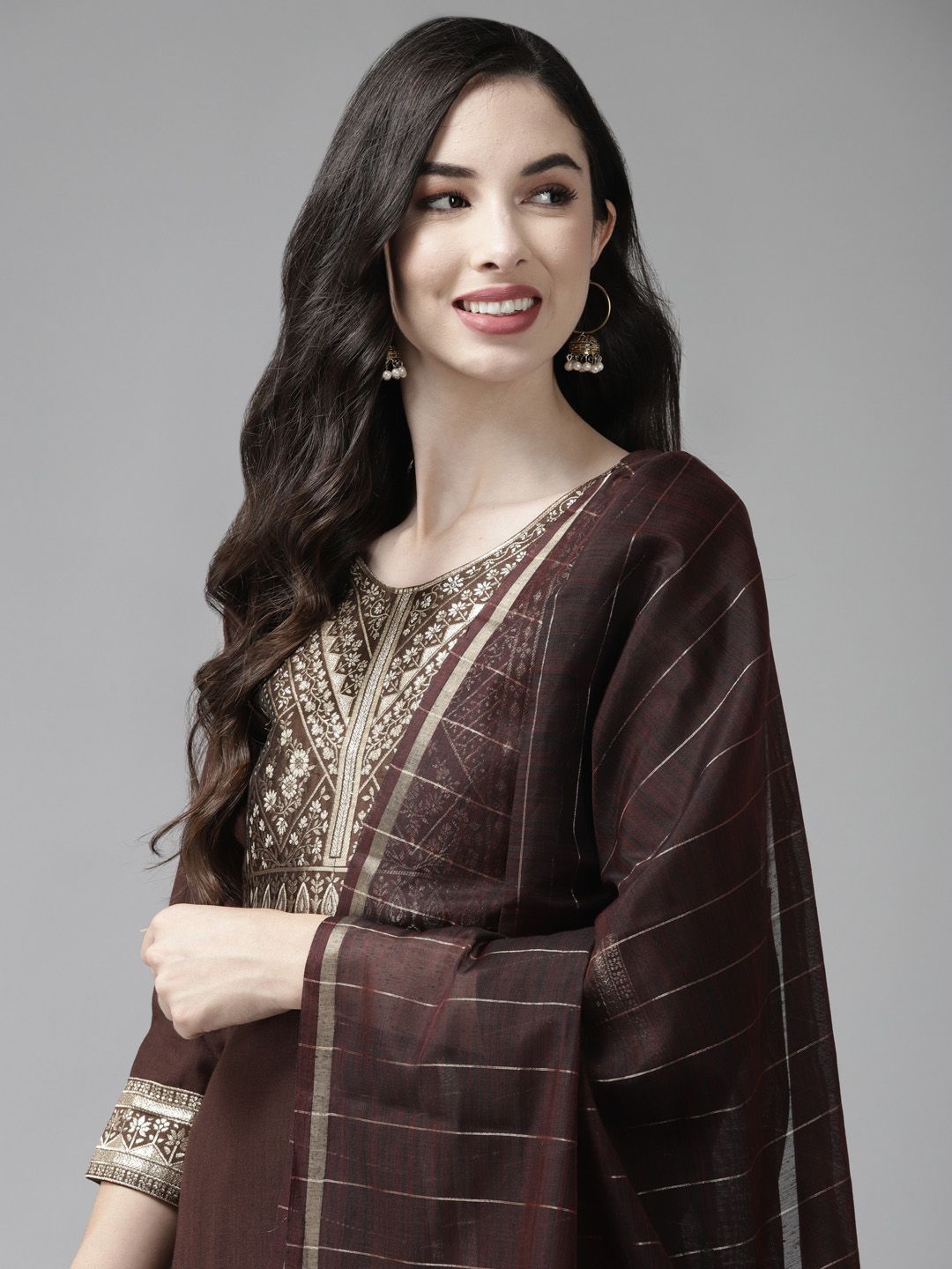 Indo Era Women Brown Yoke Design Regular Kurta with Palazzos & Dupatta Price in India