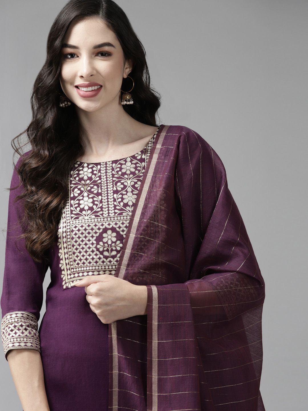 Indo Era Women Magenta Yoke Design Regular Kurta with Palazzos & Dupatta Price in India