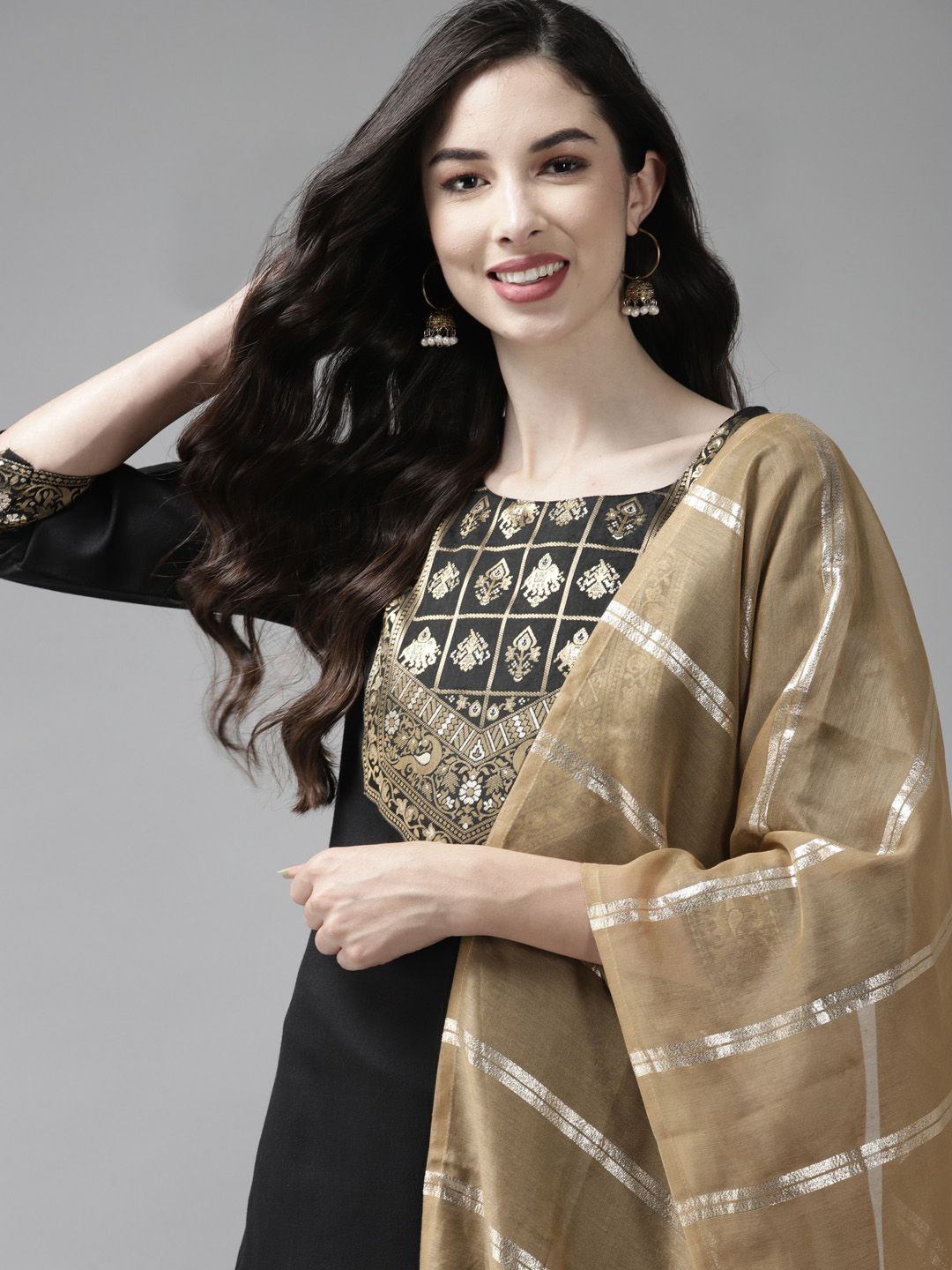 Indo Era Women Black Yoke Design Regular Kurta with Palazzos & Dupatta Price in India